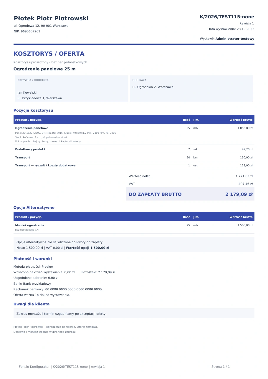 Przykładowa oferta PDF przygotowana w Fensio