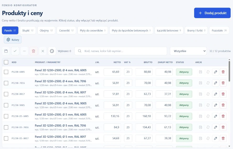 Panel Fensio: katalog produktów z cenami, parametrami i dostępnością