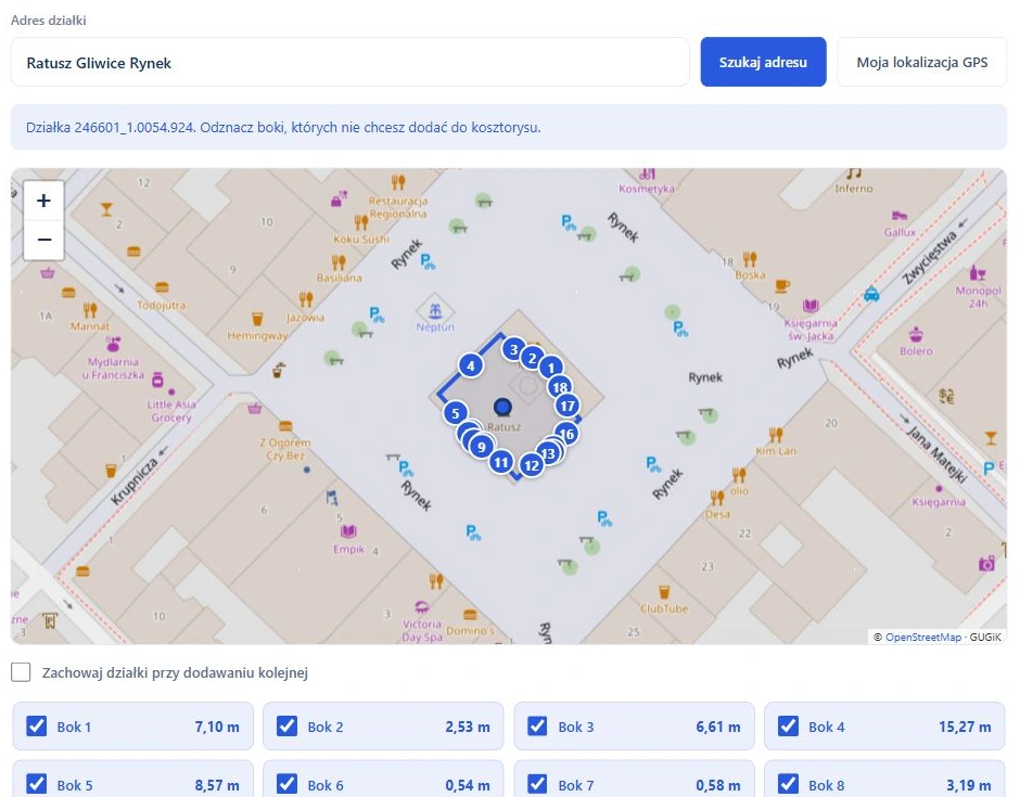 Mapa w Fensio z działką i bokami wybieranymi do wyceny